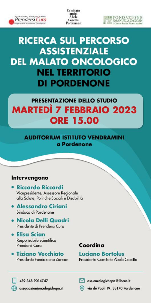 Come migliorare i percorsi di cura delle persone che affrontano una patologia oncologica? Lo abbiamo chiesto alle persone che hanno vissuto in prima persona l’esperienza della malattia oncologica nell'ambito di una ricerca realizzata da Fondazione Zancan e promossa dal Comitato Amici Abele Casetta insieme a numerose associazioni di volontariato operanti nella provincia di Pordenone. La ricerca sarà presentata martedì 7 febbraio 2023 alle ore 15.00 presso l’Auditorium dell’Istituto Vendramini a Pordenone.