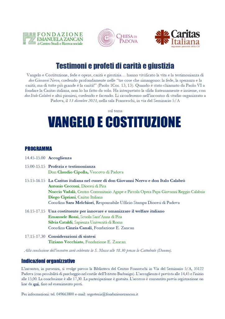 Un incontro di studio per ricordare la vita e la testimonianza di don Giovanni Nervo e di don Italo Calabrò: appuntamento a Padova il 13 dicembre 2023