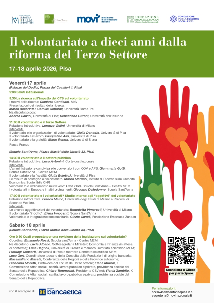 Il 17 e 18 aprile a Pisa ci sarà un convegno sul tema “Il volontariato a dieci anni dalla riforma del Terzo Settore”.
