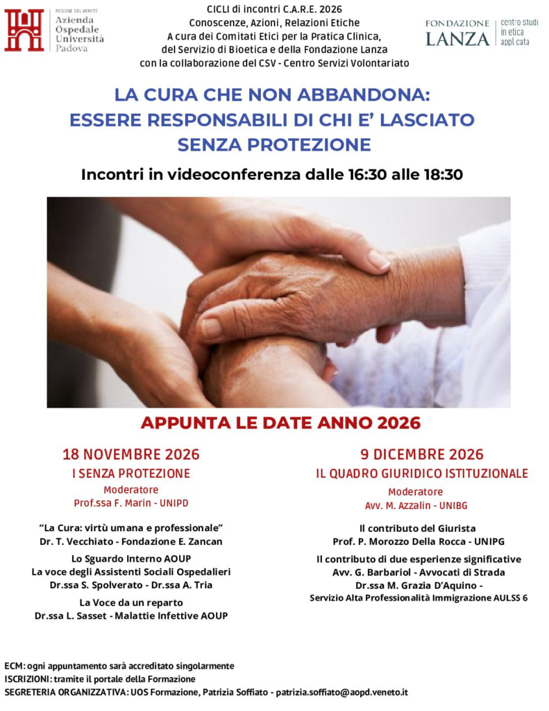 Il 18 novembre 2026 il primo dei due incontri in videoconferenza sulla responsabilità nella cura
